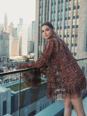 Brown Floral Print Long Flare Sleeve Mesh A-Line Dress - FINAL SALE