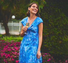 Cap Sleeve Twist Front Floral Tulle Gown In Blue Multi