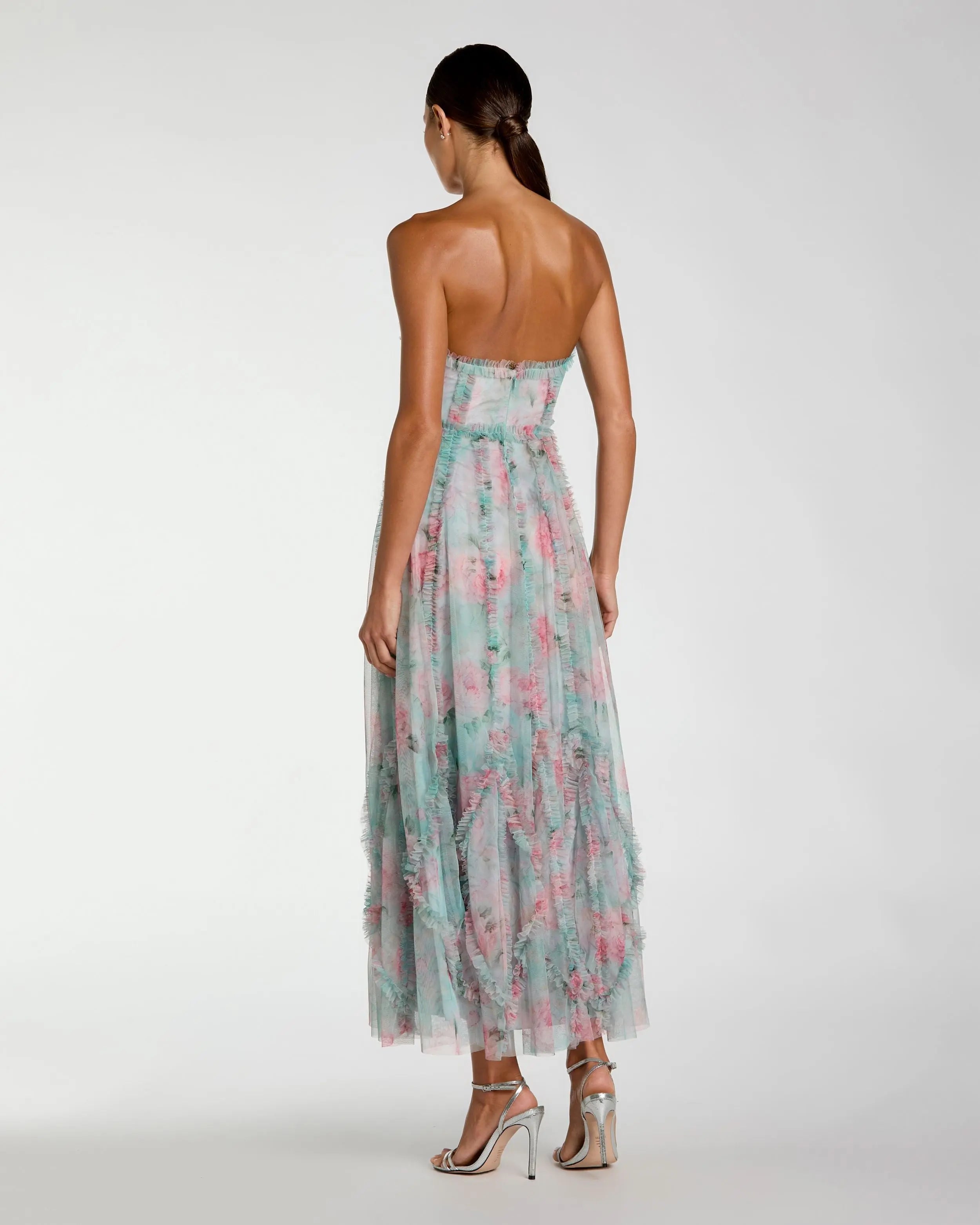Blue Strapless Floral Ruffle Dress