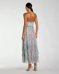 Blue Strapless Floral Ruffle Dress