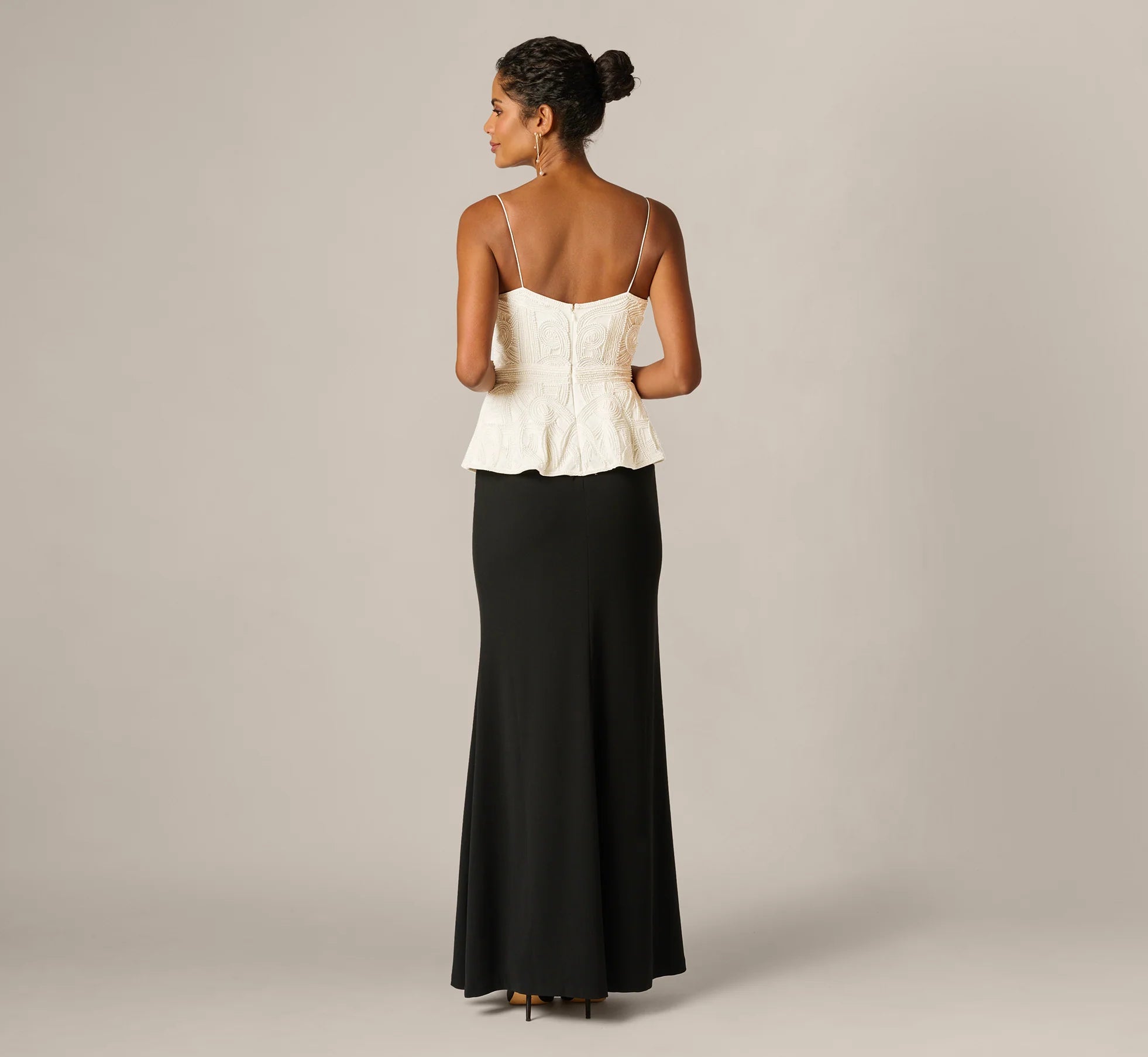 Pearly Beaded Peplum Combo Gown In Black Ivory