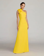 Yellow One Shoulder Crepe Gown with 3D Flower