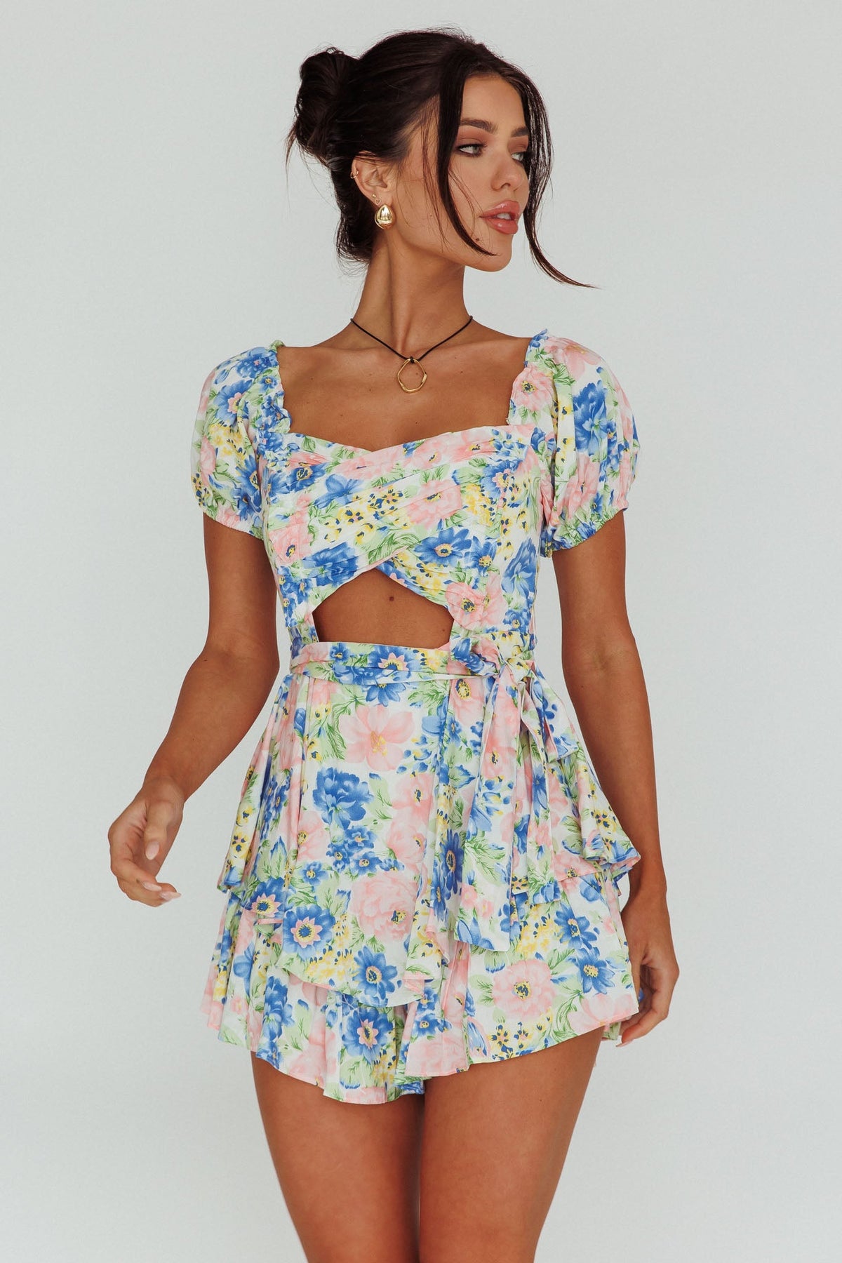 Whimsical Cut-out Bodice Romper Floral Blue