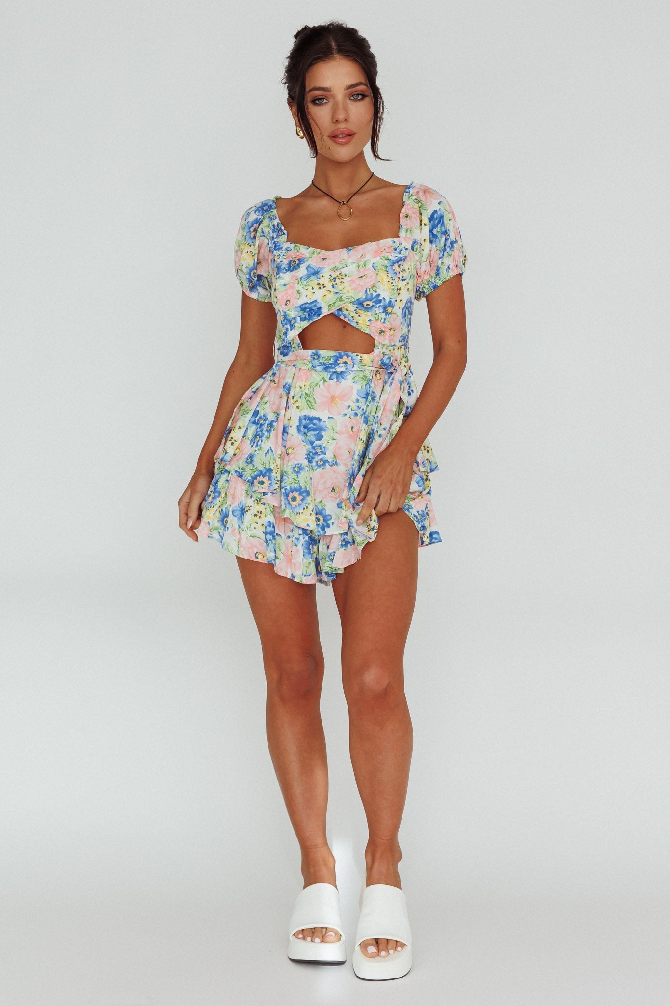 Whimsical Cut-out Bodice Romper Floral Blue