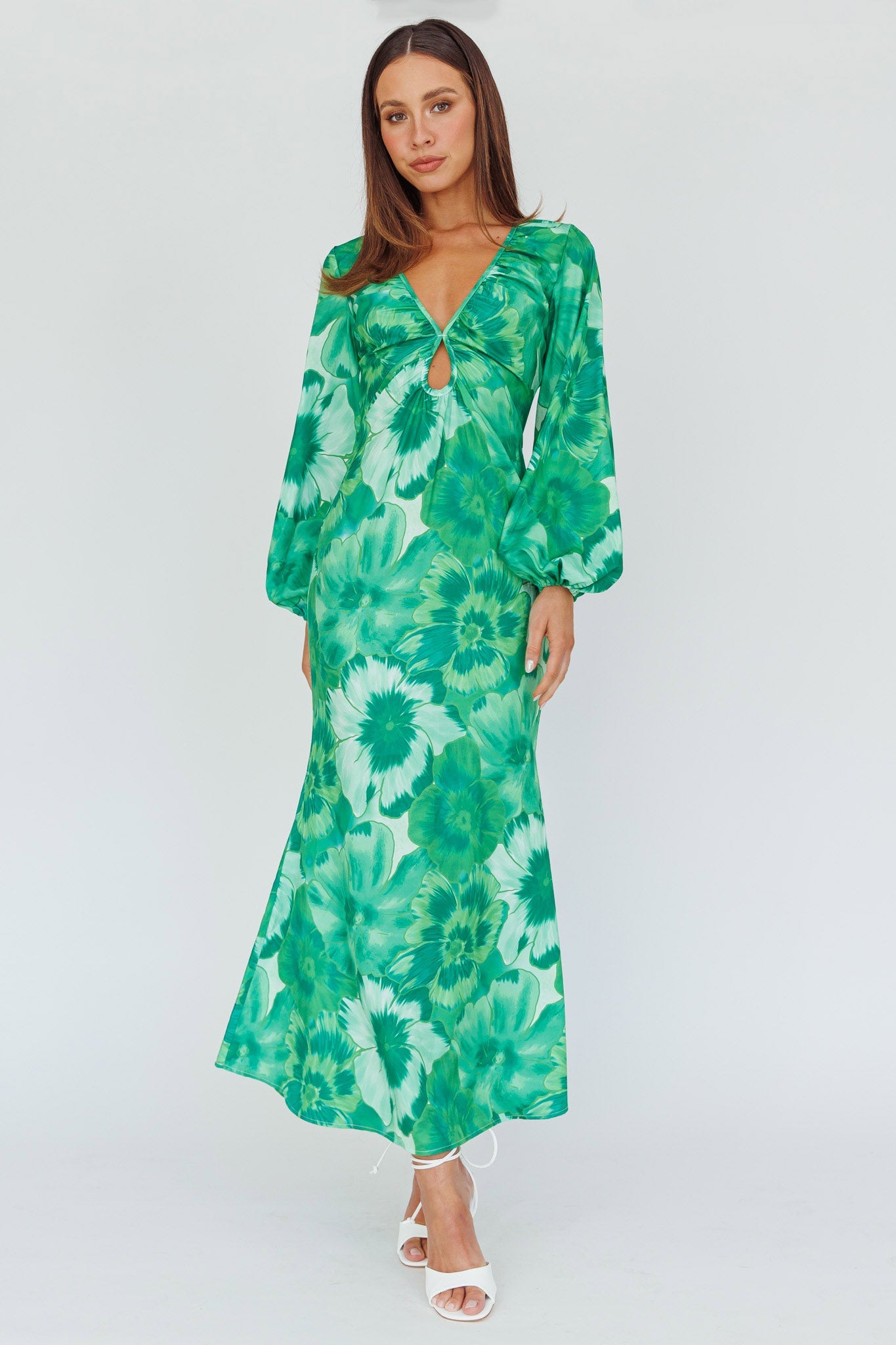Yessica Balloon Sleeve Midi Dress Floral Green