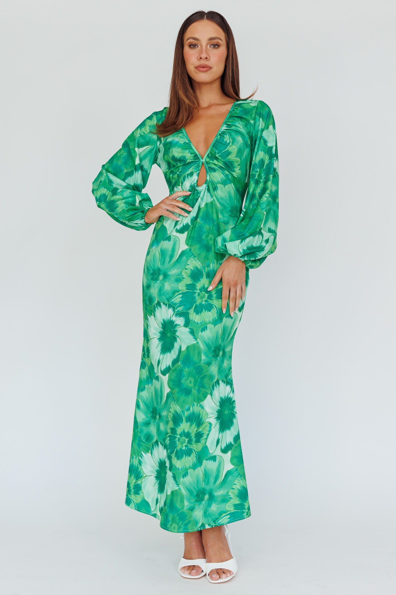Yessica Balloon Sleeve Midi Dress Floral Green