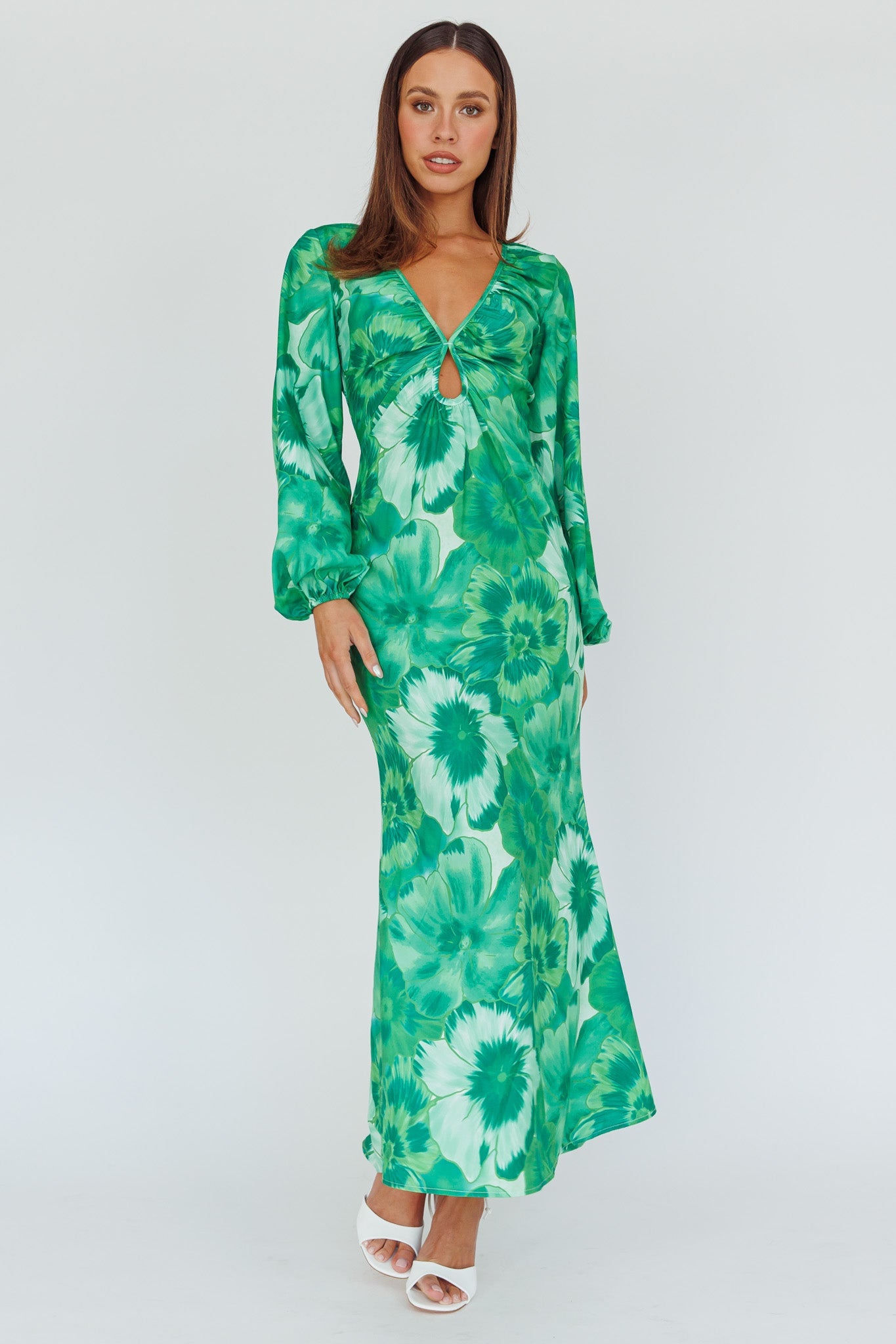 Yessica Balloon Sleeve Midi Dress Floral Green