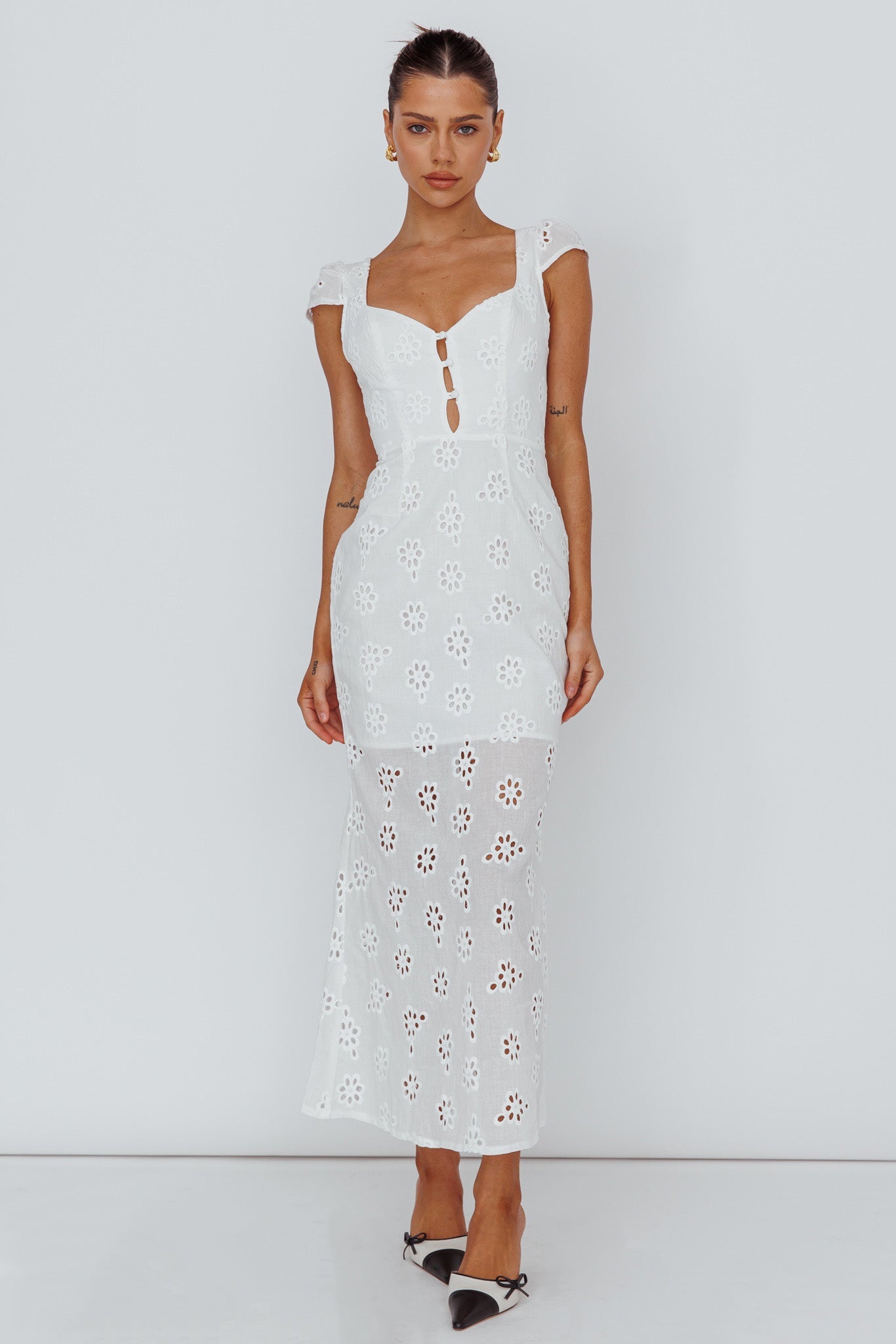 Bohemian Sun Cap Sleeve Eyelet Midi Dress White