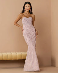 Embellished Strapless Bustier Gown With Sweeping Train