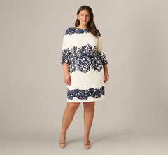 Plus Size Scroll Lace Midi Dress With Three Quarter Sleeves In Ivory Navy