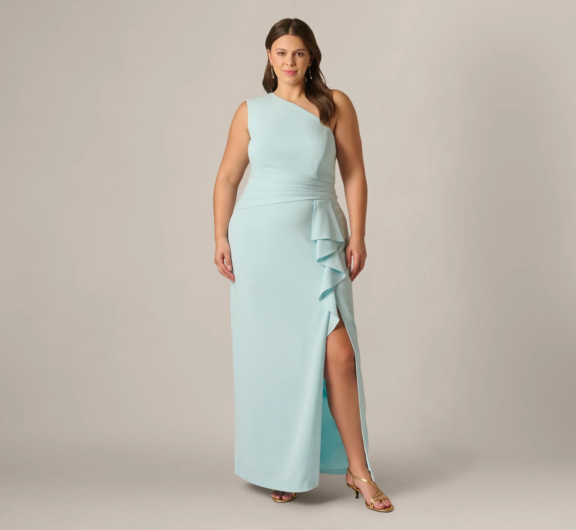 Plus Size One Shoulder Draped Ruffle Stretch Gown In Clear Sky