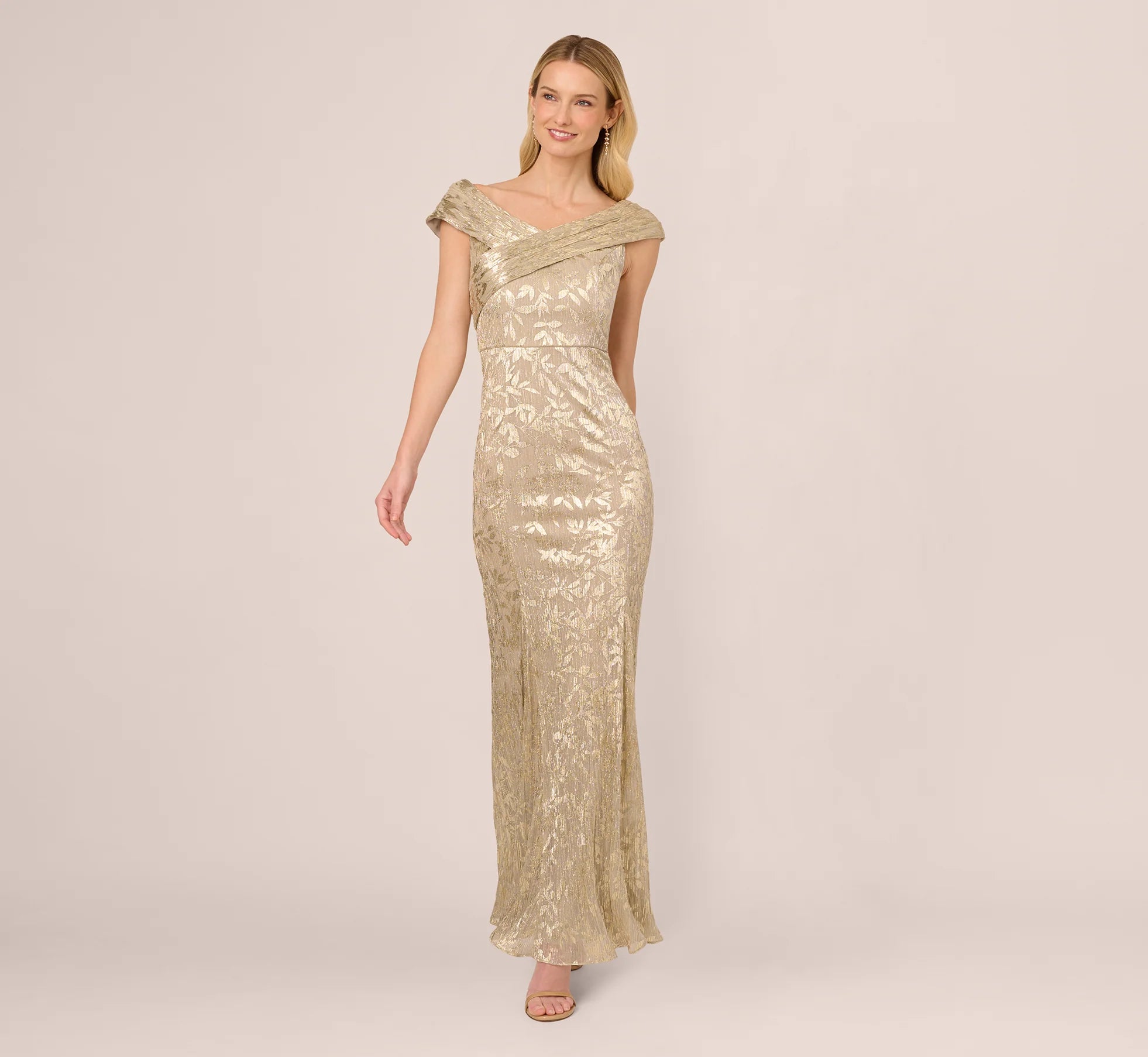 Off Shoulder Foil Leaf Mermaid Gown In Champagne Gold
