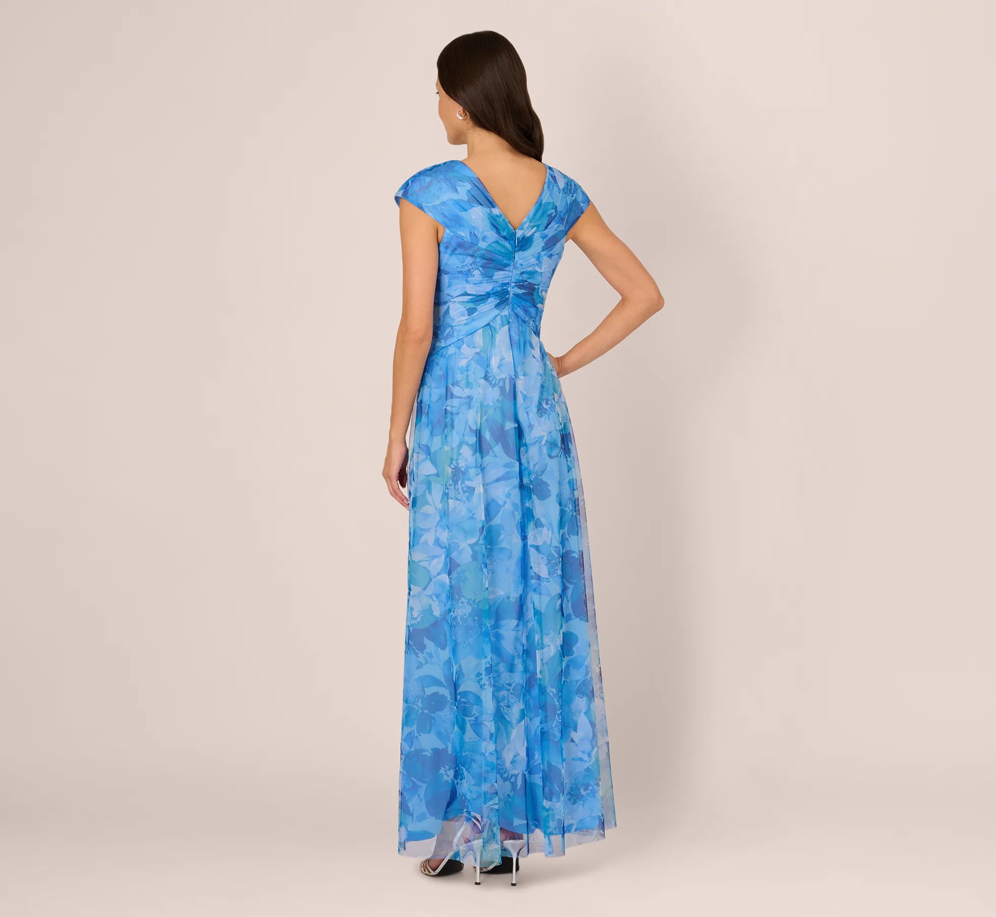 Cap Sleeve Twist Front Floral Tulle Gown In Blue Multi