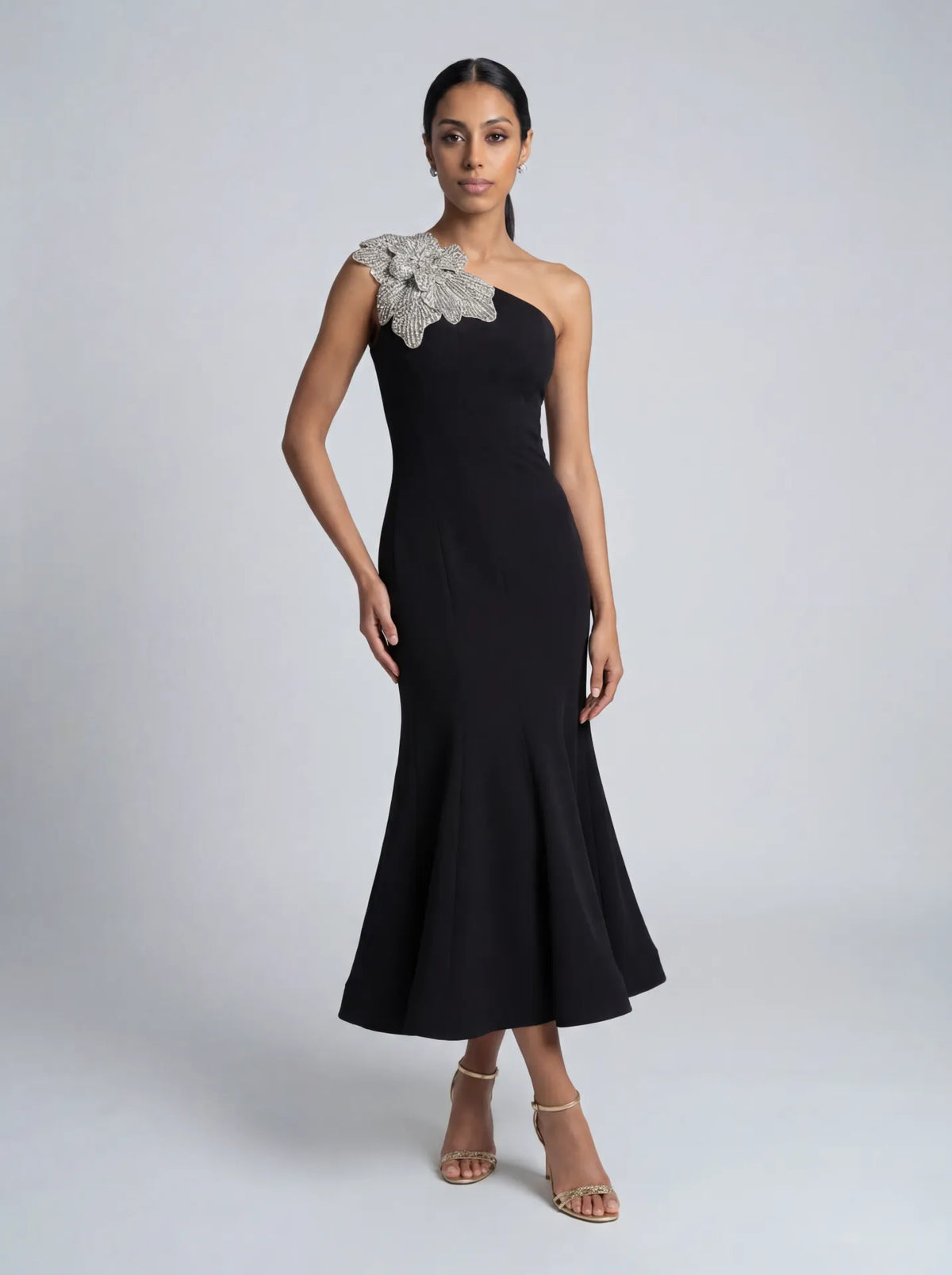 Petite Black Crepe One Shoulder Mermaid Midi Dress With Flower