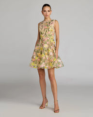Yellow Floral Embroidered Sleeveless A-Line Mini Dress