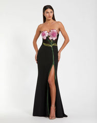 Black Strapless Sheer Embroidered Bustier Gown