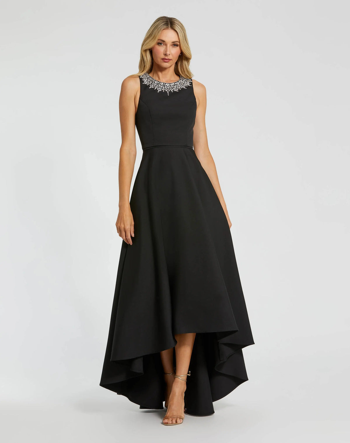 Petite Black Crepe Embellished Neck High Low Gown
