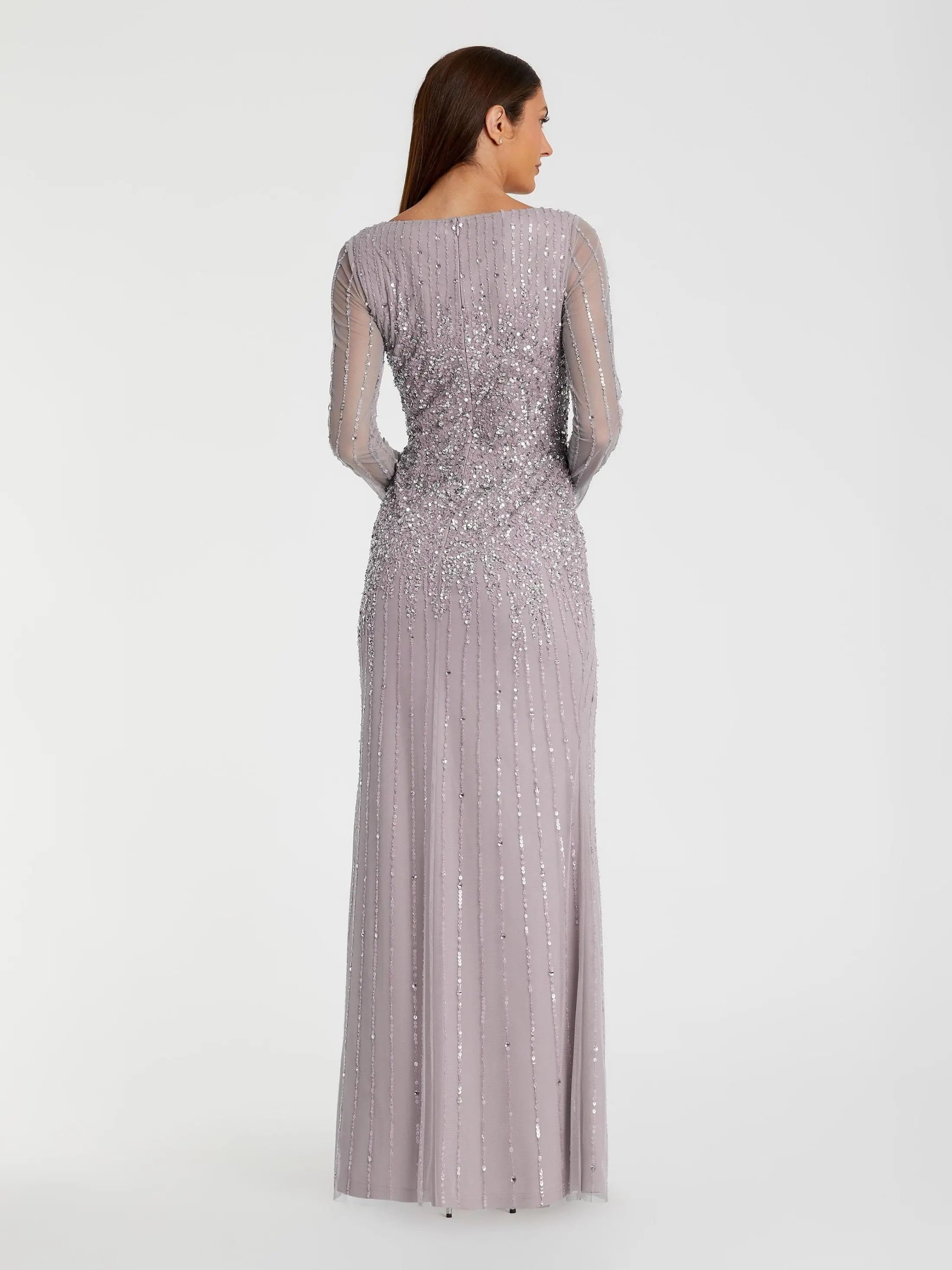 Purple Boat Neck Sequin Embellished Long Sleeve A Line Gown