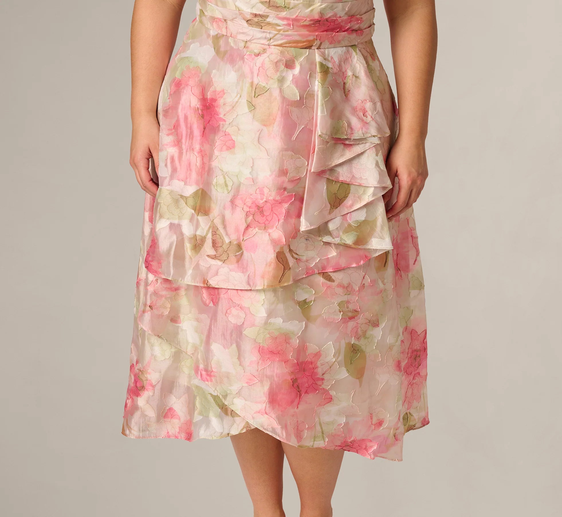 Plus Size Floral Organza Cascade High Low Midi Dress In Sage Multi