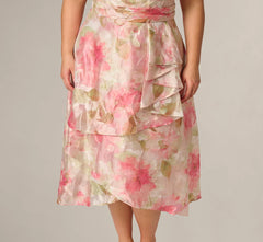 Plus Size Floral Organza Cascade High Low Midi Dress In Sage Multi