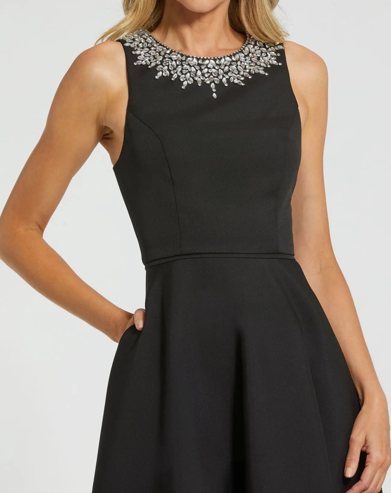 Petite Black Crepe Embellished Neck High Low Gown