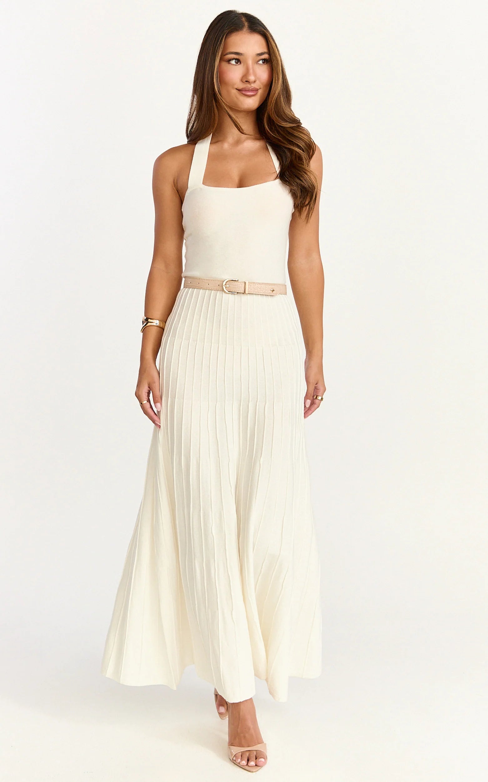 Candace Midi Dress - Halter Neck Ribbed Knit Dress in Cream