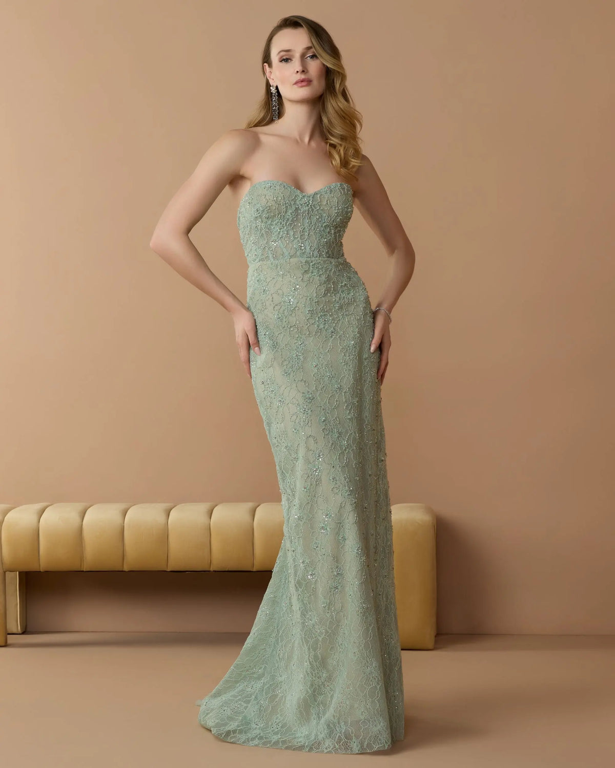 Embellished Strapless Bustier Gown With Sweeping Train
