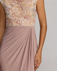 Purple Floral Embroidered Cap Sleeve Column Gown