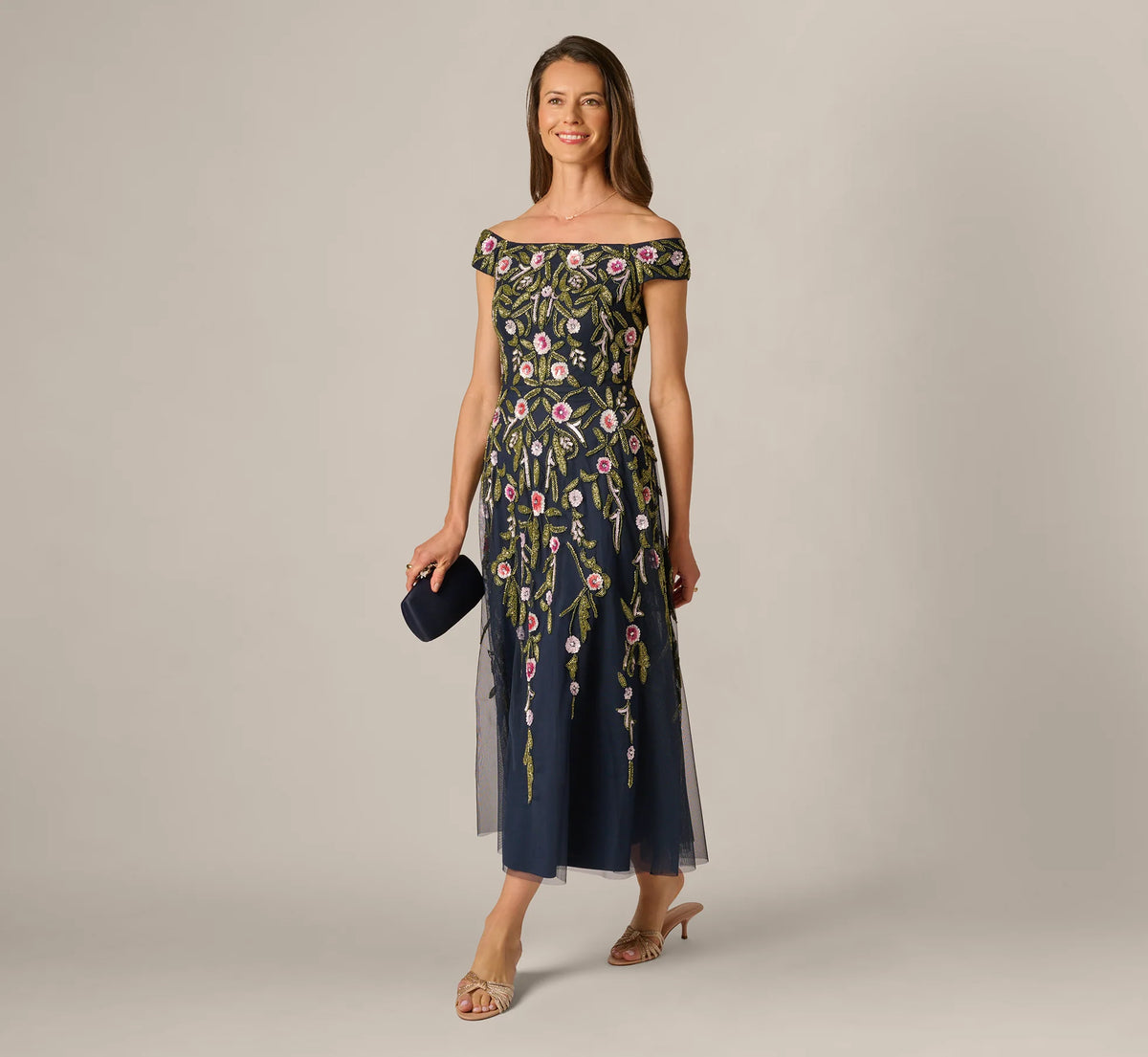 Off Shoulder Floral Beaded Ankle Length Dress In Navy Blush