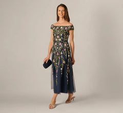 Off Shoulder Floral Beaded Ankle Length Dress In Navy Blush