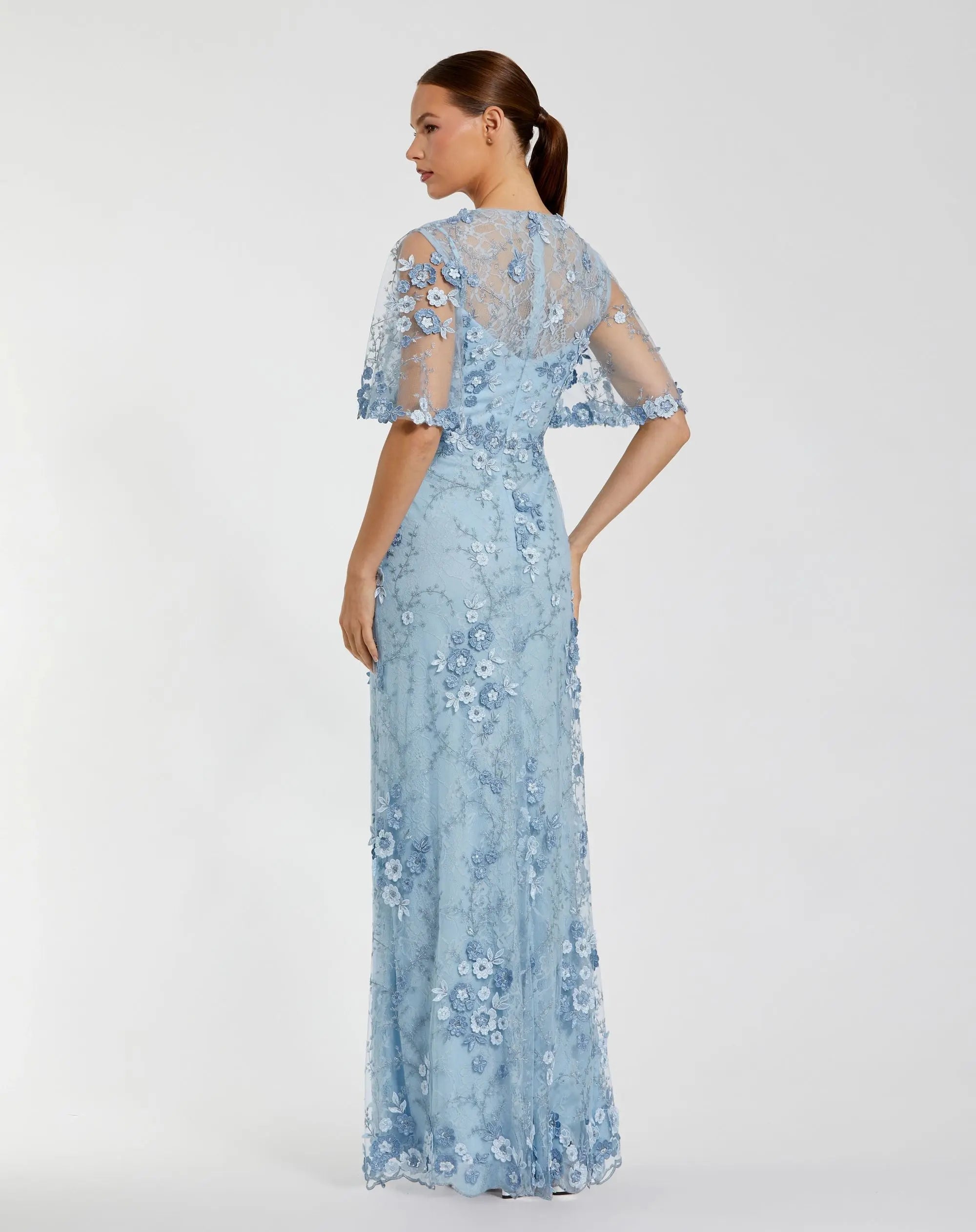 Petite Blue Flutter Sleeve Floral Embroidered Net Gown