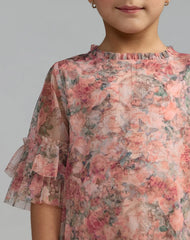 Girls Pink Floral Printed Short Sleeve Ruffle Dress