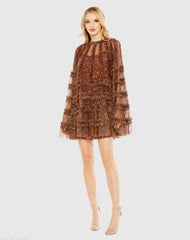 Brown Floral Print Long Flare Sleeve Mesh A-Line Dress - FINAL SALE
