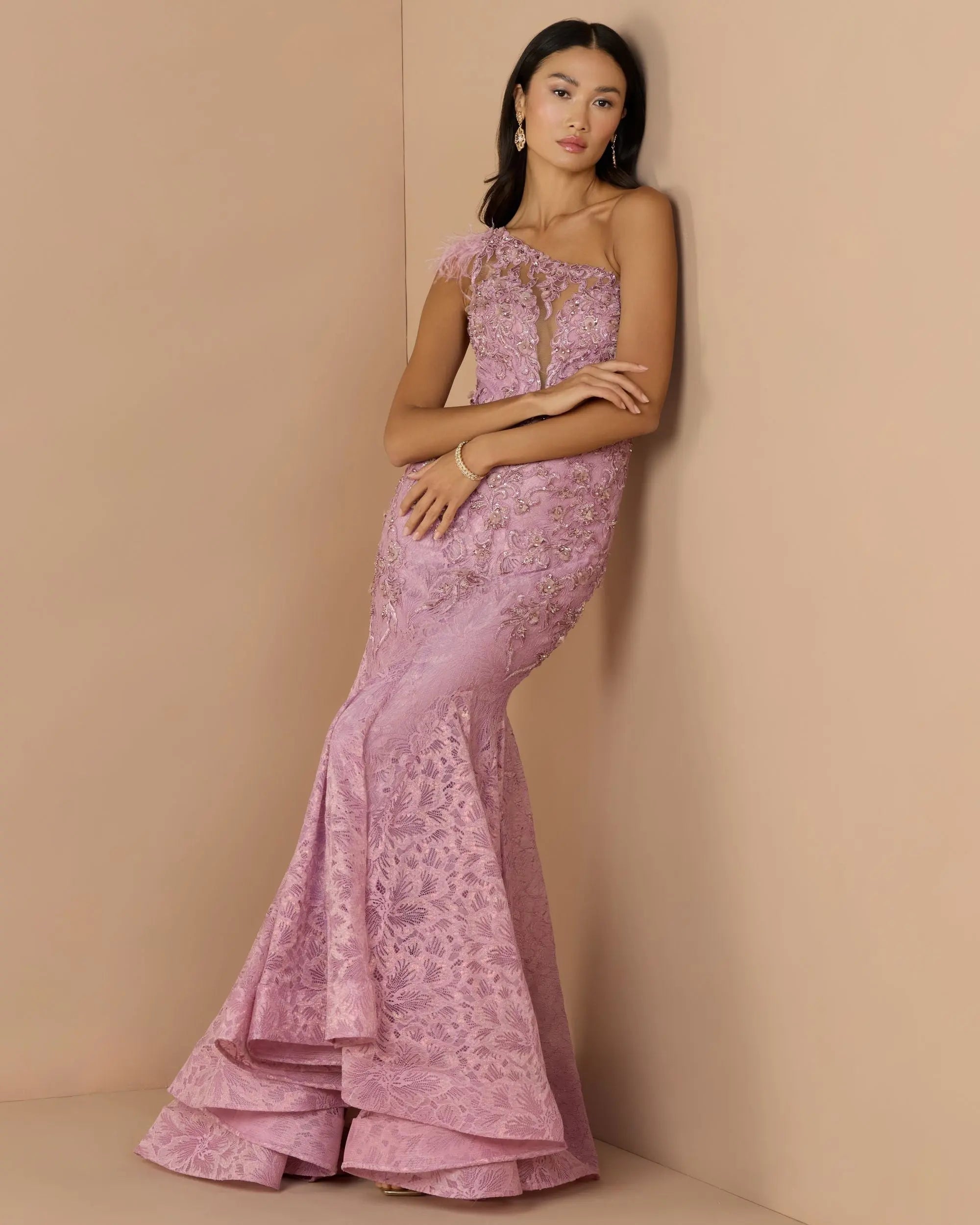 Embroidered Applique Feathered One Shoulder Trumpet Gown