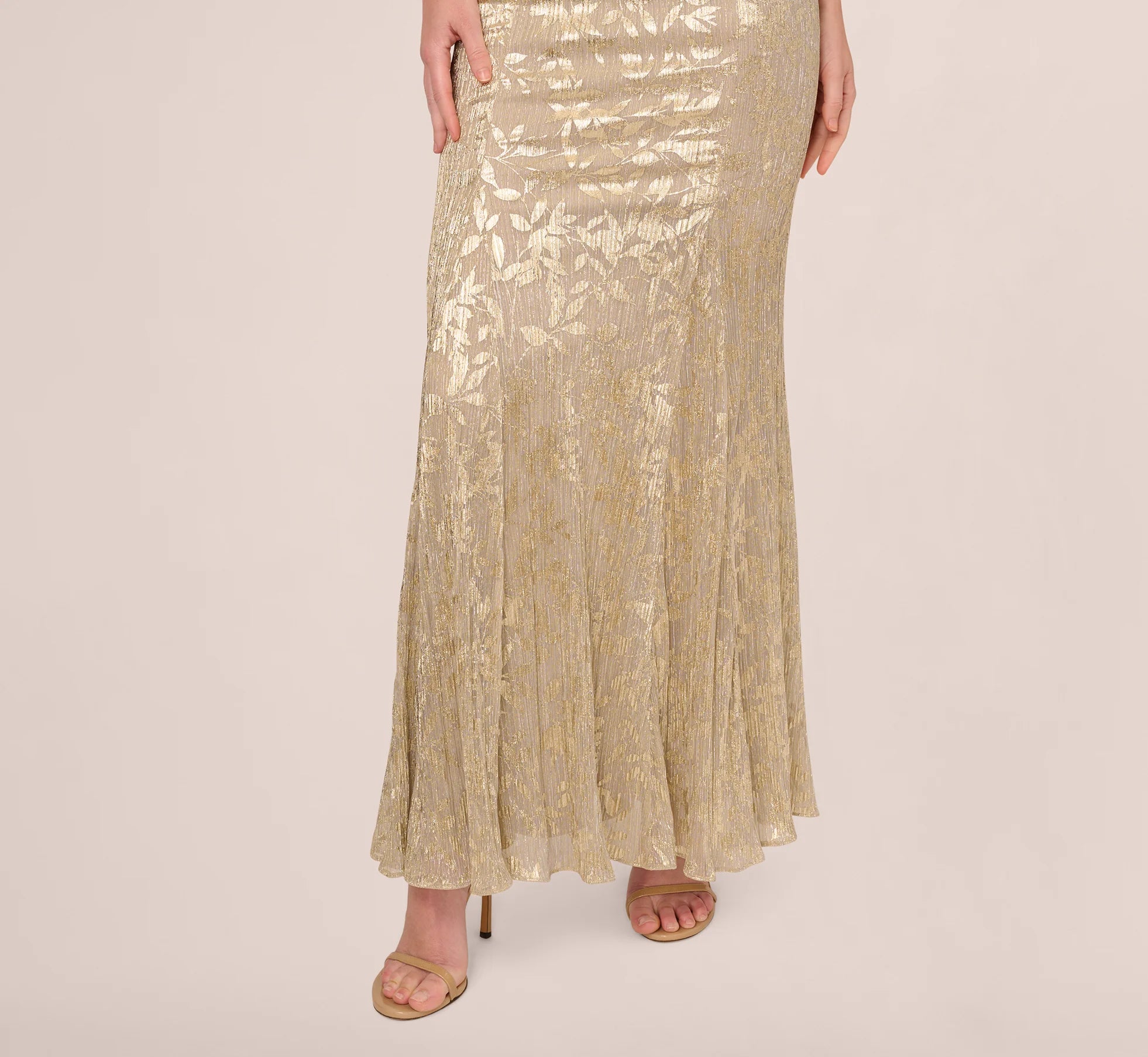 Off Shoulder Foil Leaf Mermaid Gown In Champagne Gold