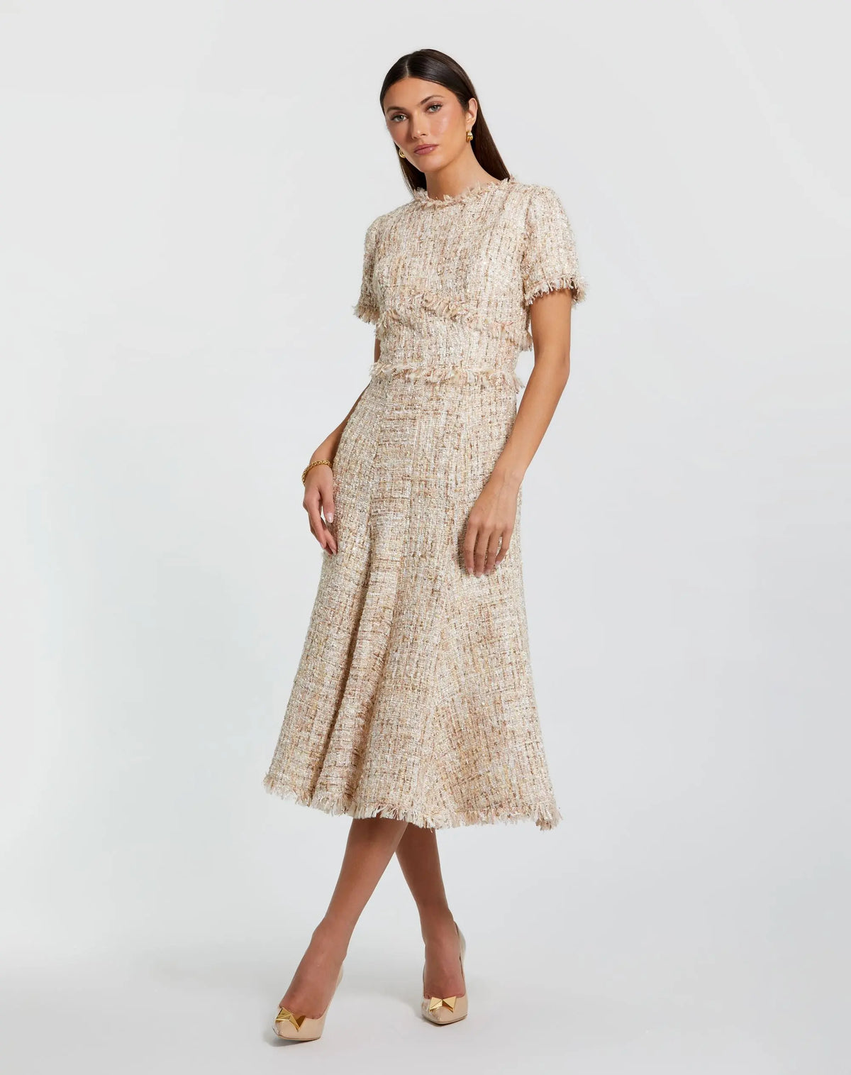 Petite Beige Boucle Short Sleeve A Line Midi Dress