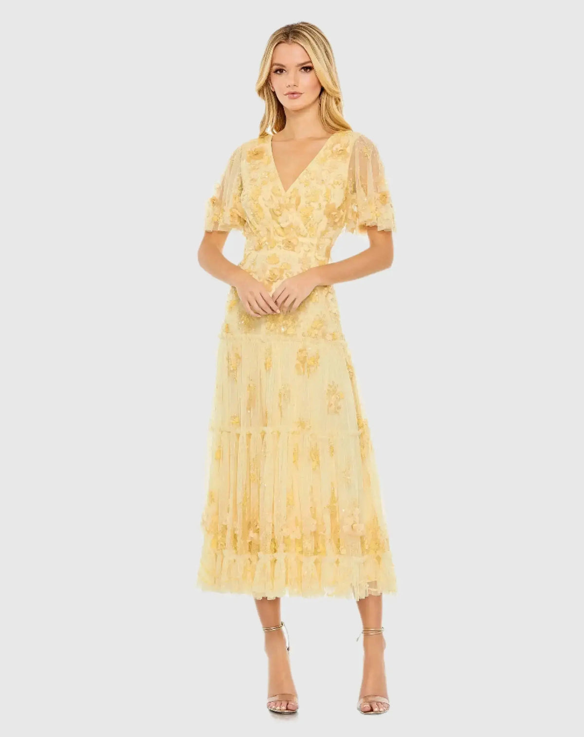 Yellow Floral Embellished Flutter Sleeve Dress