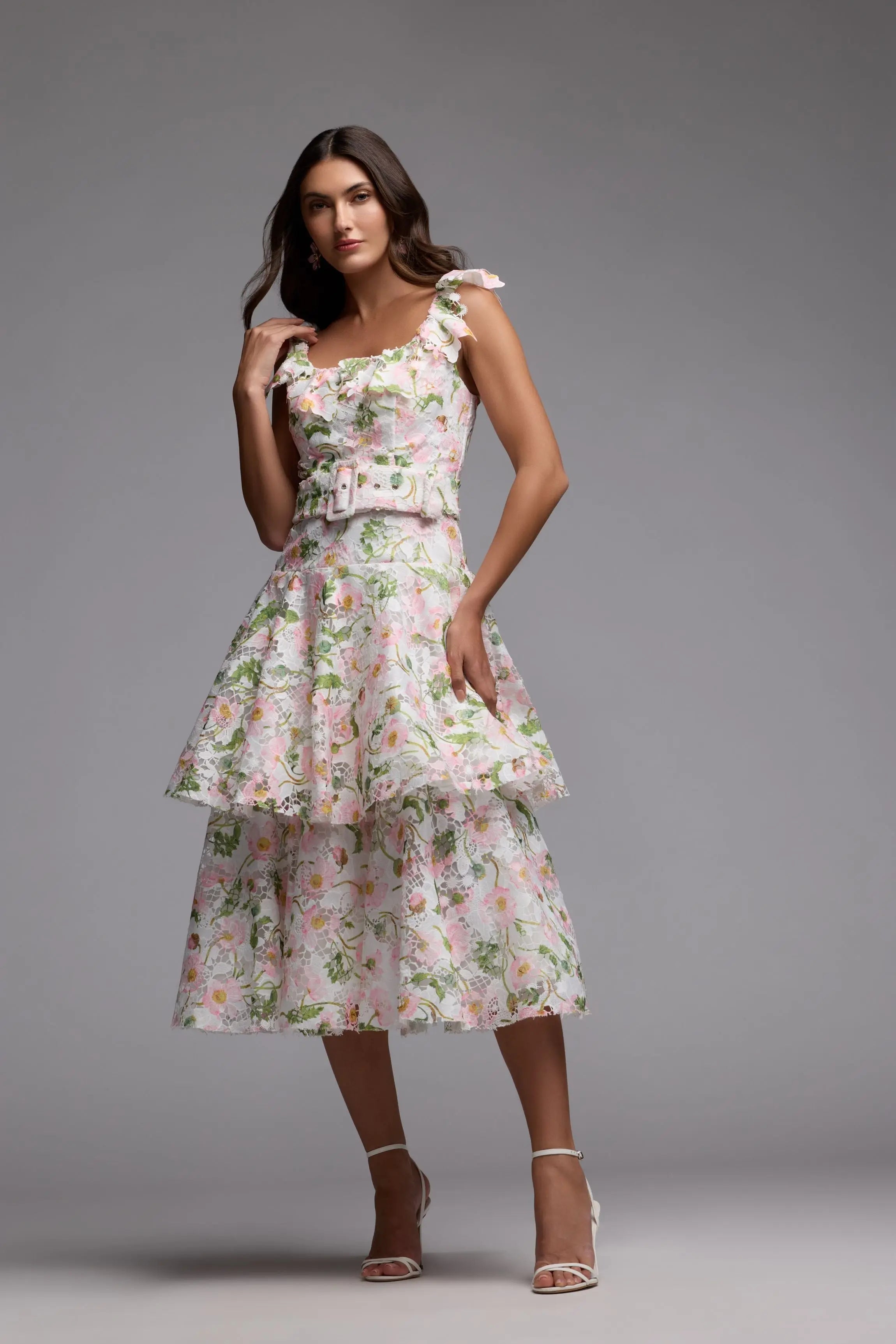 White Multicolor Floral Lace Tiered Midi Dress