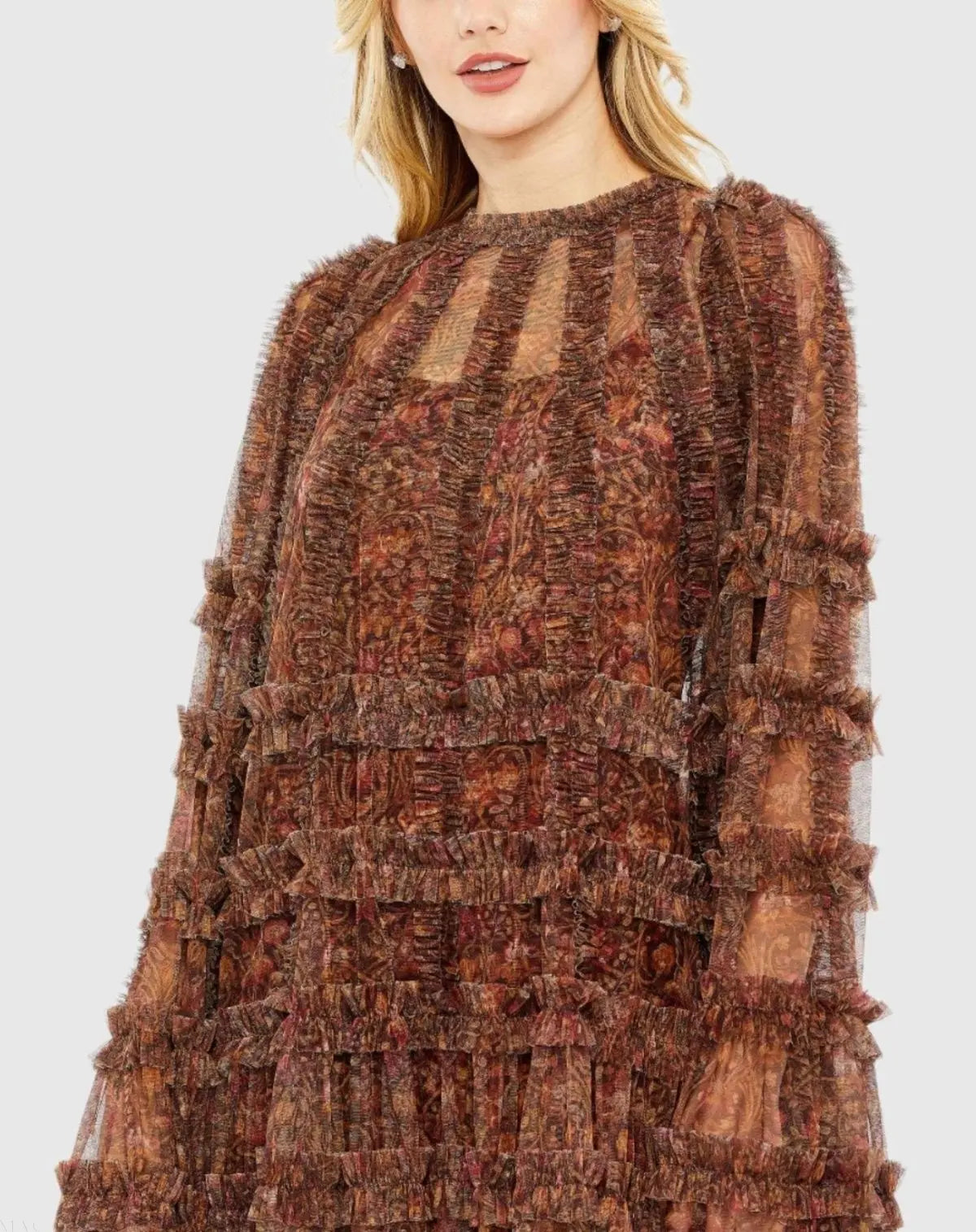 Brown Floral Print Long Flare Sleeve Mesh A-Line Dress - FINAL SALE