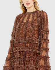 Brown Floral Print Long Flare Sleeve Mesh A-Line Dress - FINAL SALE