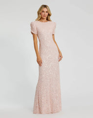 Petite Pink Gathered Short Sleeve Embellished Gown