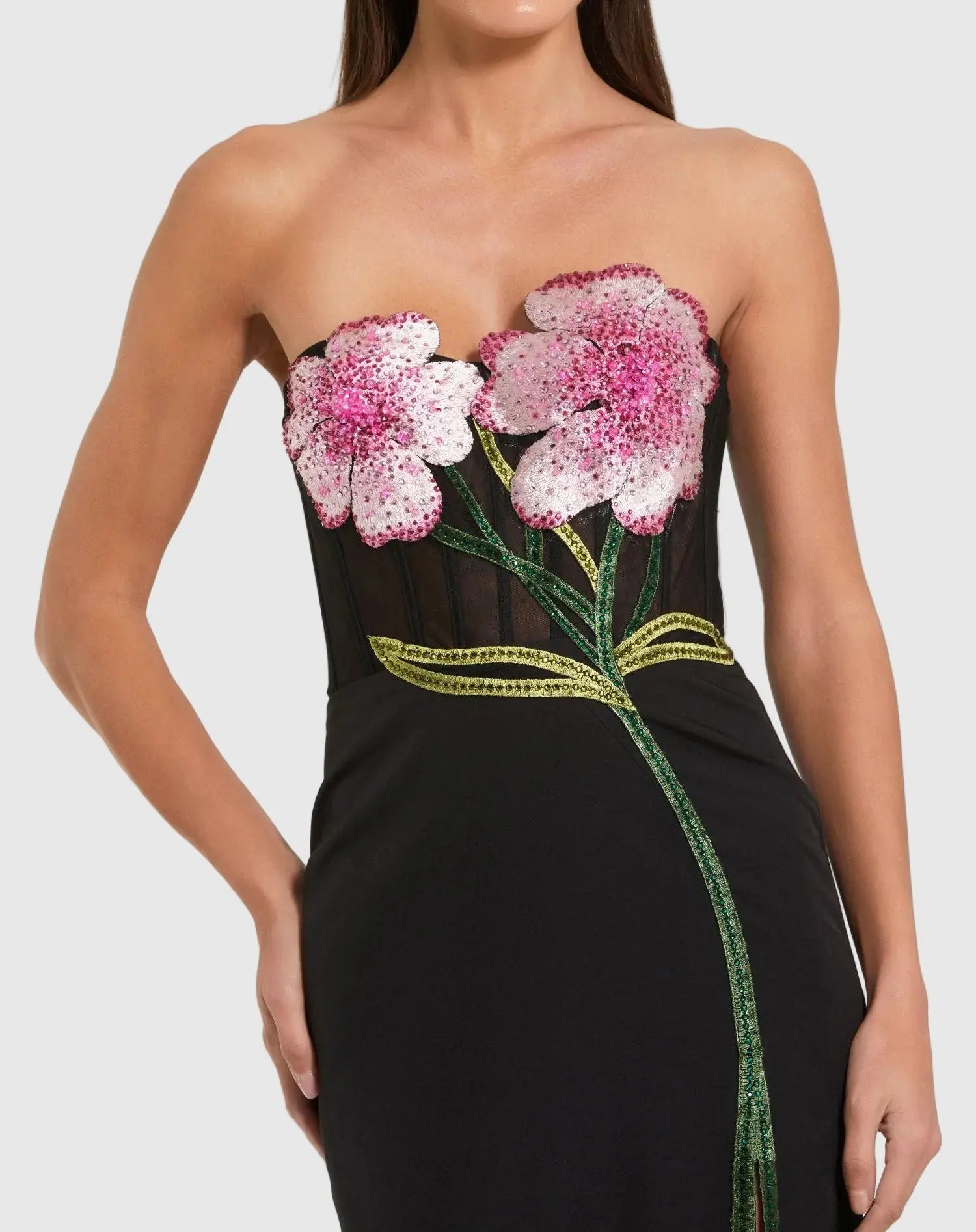 Black Strapless Sheer Embroidered Bustier Gown