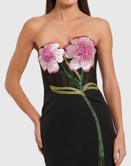Black Strapless Sheer Embroidered Bustier Gown