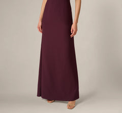 One Shoulder Satin Bow Crepe Gown In Bordeaux Glow