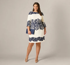 Plus Size Scroll Lace Midi Dress With Three Quarter Sleeves In Ivory Navy