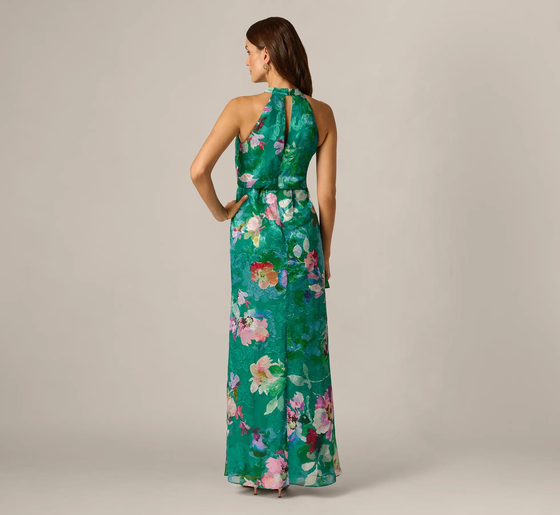 Floral Chiffon Blouson Ruffle Halter Gown In Green Multi