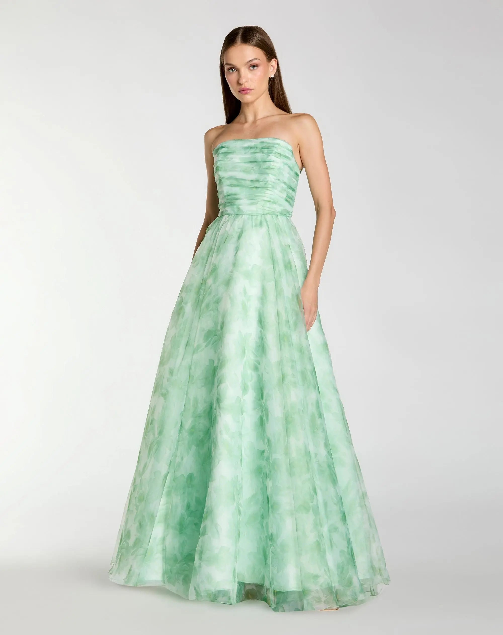 Strapless Floral Chiffon Gown with Ruched Detail