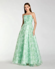 Strapless Floral Chiffon Gown with Ruched Detail