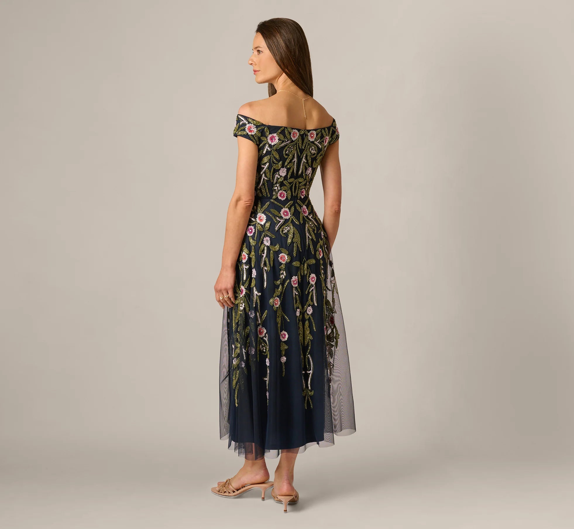 Off Shoulder Floral Beaded Ankle Length Dress In Navy Blush