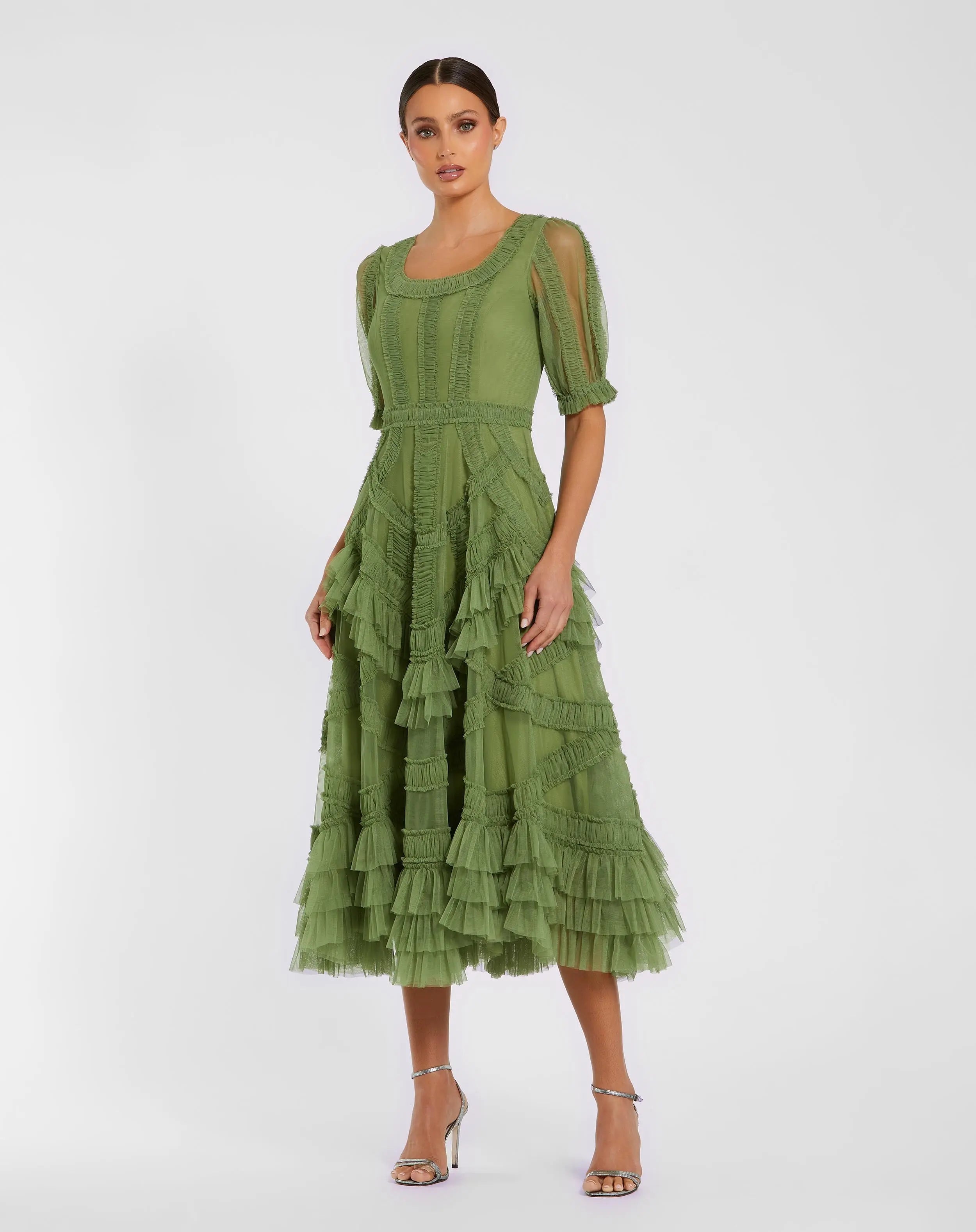 Short Sleeve Micro Ruffle Midi Dress